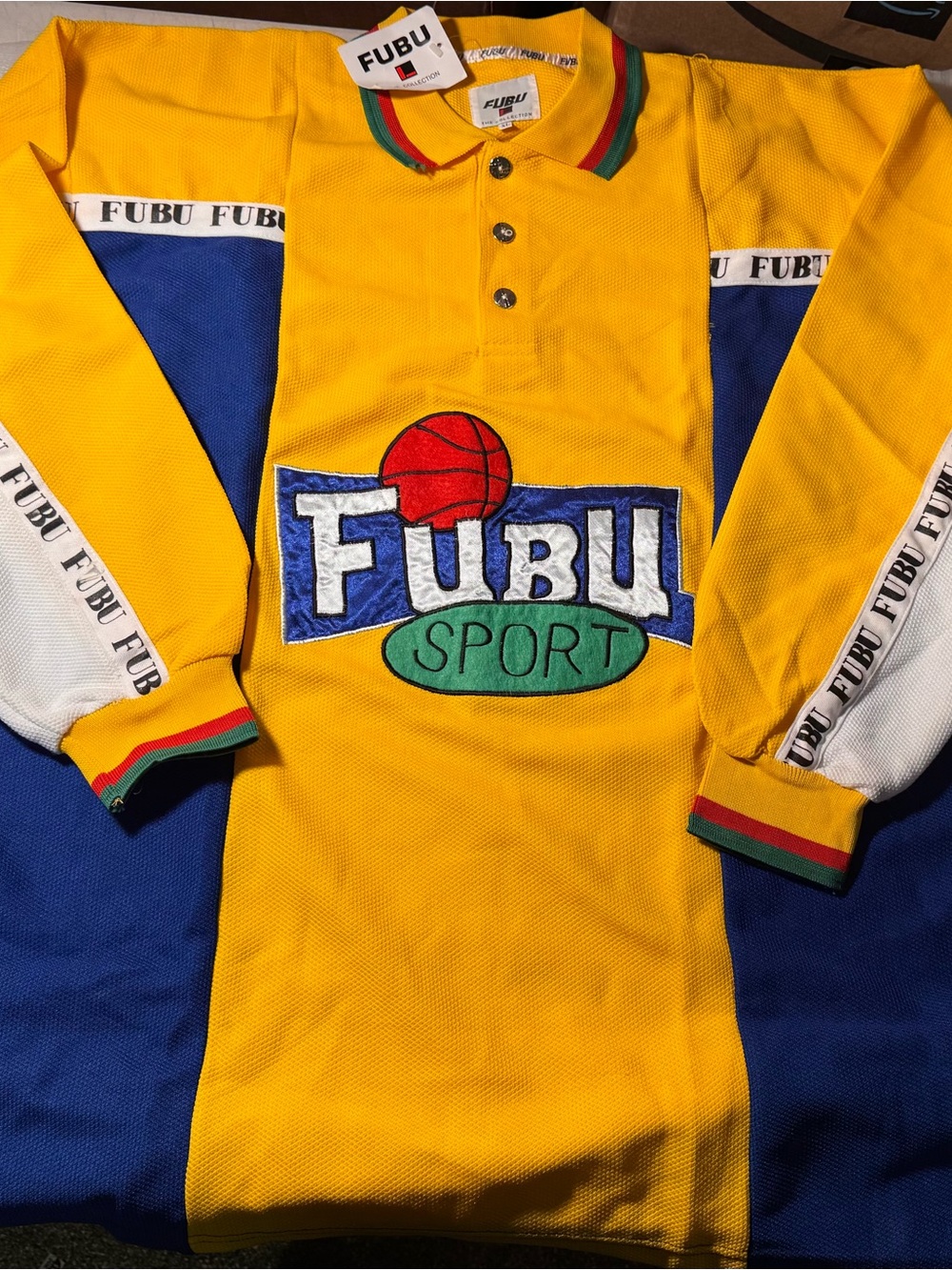 FUBU Yellow Polo with Green & Red Collar Stripes